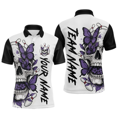 Maxcorners Purple Butterfly Skull Bowling Men Bowling Shirt Polo & Quarter-Zip Bowling Team Jerseys LM1506