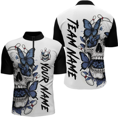 Maxcorners Blue Butterfly Skull Bowling Men Bowling Shirt Polo & Quarter-Zip Bowling Team Jerseys LM1506
