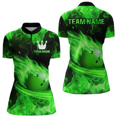 Maxcorners Green Flame Bowling Jersey Men And Women Custom Bowling Shirts Unisex Polo Bowling Team Shirt