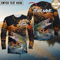 Maxcorners Pike Fishing Jersey Fire Wave Design Personalized Name, Team Name 3D Long Sleeve Shirt