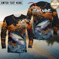 Maxcorners Tuna Fishing Jersey Fire Wave Design Personalized Name, Team Name 3D Long Sleeve Shirt