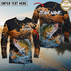 Maxcorners Walleye Fishing Jersey Fire Wave Design Personalized Name, Team Name 3D Long Sleeve Shirt