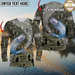 Maxcorners Salmon Fishing Jersey Realistic Neon Fish & Camo Personalized Name, Team Name 3D Long Sleeve Shirt