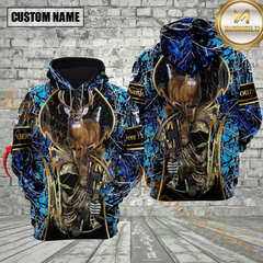 Maxcorners Blue Camo Deer Hunting Custom Name Hunter Apparel With Grim Reaper Design 3D Hoodie All Over Printed Clothes