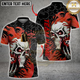 Maxcorners Custom Black And Red Flame Skull Bowling Men Polo Shirts, Skull Halloween Bowling Outfit
