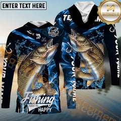 Maxcorners Walleyes Fishing Blue Smoke Sun Protection Personalized Name, Team Name 3D Long Sleeve Shirt