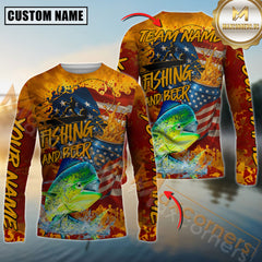 Maxcorners Mahi-Mahi Fishing Beer Bottles & American Flag Design Sun Protection Personalized Name, Team Name 3D Long Sleeve Shirt