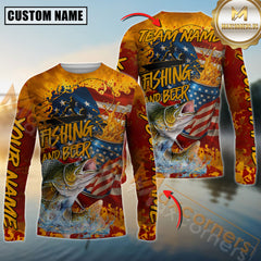 Maxcorners Walleye Fishing Beer Bottles & American Flag Design Sun Protection Personalized Name, Team Name 3D Long Sleeve Shirt