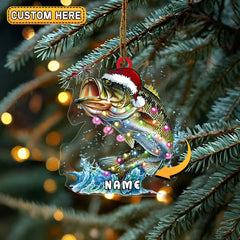 Maxcorners Personalized Bass Fishing with Santa Hat and Lights Christmas 3D Ornament, Custom Holiday Tree Decor, Perfect Gift for Fishermen