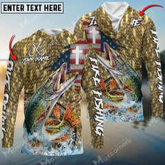 Maxcorners Pike Fishing American Flag Camo Cross Skin Pattern Sun Protection Personalized Name, Team Name Long Sleeve Shirt