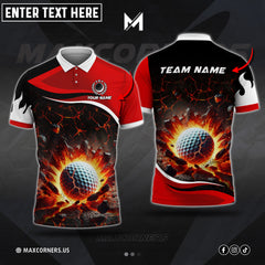 Maxcorners Golf Ball Flame Magma Pattern Multicolor Options Customized Name, Team Name 3D Polo Shirt