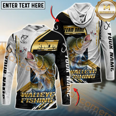Maxcorners Walleye Fishing Hook Graphic & Jumping Fish Art Personalized Name, Team Name 3D Long Sleeve Shirt