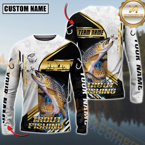 Maxcorners Trout Fishing Hook Graphic & Jumping Fish Art  Personalized Name, Team Name 3D Long Sleeve Shirt