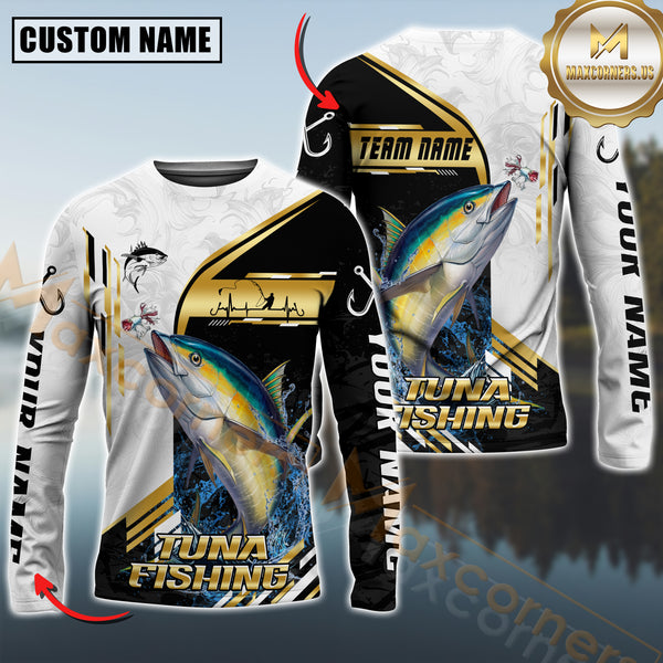 Maxcorners Tuna Fishing Hook Graphic & Jumping Fish Art  Personalized Name, Team Name 3D Long Sleeve Shirt