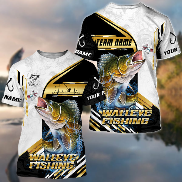 Maxcorners Walleye Fishing Hook Graphic & Jumping Fish Art  Personalized Name, Team Name 3D Long Sleeve Shirt
