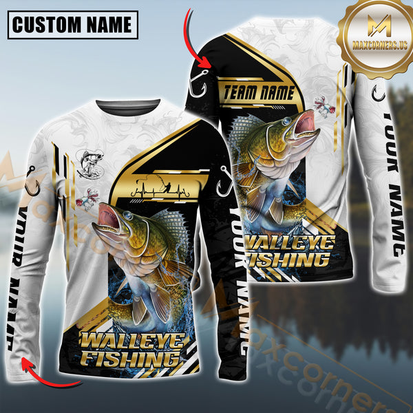 Maxcorners Walleye Fishing Hook Graphic & Jumping Fish Art  Personalized Name, Team Name 3D Long Sleeve Shirt