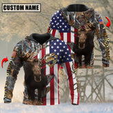 Maxcorners US Flag Patriotic Moose Hunting Leather Pattern Custom Name Shirt 3D All Over Printed Clothes (4 Colors)