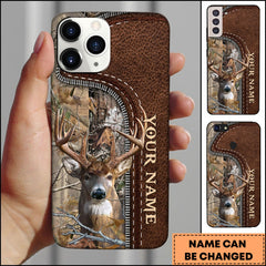 Maxcorners Deer Hunting Brown Leather Pattern Personalized Name Phone Case (4 colors)