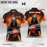 Maxcorners Bowling & Pins Skull Fire Magma Pattern Multicolor Option Customized Name, Team Name 3D Polo Shirt (4 Colors)