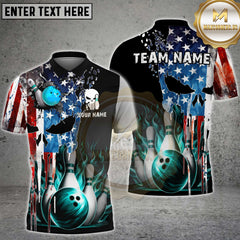 Maxcorners Bowling American Flag Skull Multicolor Customized Name, Team Name 3D Shirts