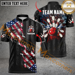 MaxCorners Bowling And Pins Black American Flag Smoke Customized Name, Team Name 3D Polo Shirt For Men