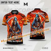 Maxcorners Bowling Ball & Pins Wizard Skull Flame Halloween Pattern Multicolor Option Customized Name, Team Name 3D Polo Shirt (6 Colors)