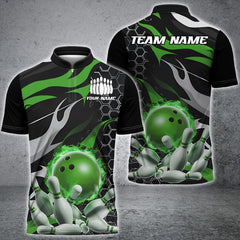 MaxCorners Bowling And Pin Green And Black Customized Name 3D Stand Collar Zipper Polo Shirt Unisex