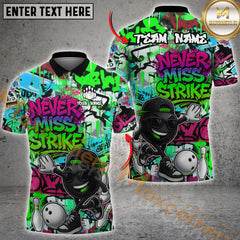 Maxcorners Bowling “Never Miss Strike” Urban Hip-Hop Multicolor Customized Name, Team Name 3D Shirts
