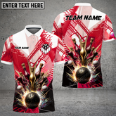 Maxcorners Bowling Ball & Pins Color Ink Multicolor Option Customized Name, Team Name 3D Polo Shirt (6 Colors)