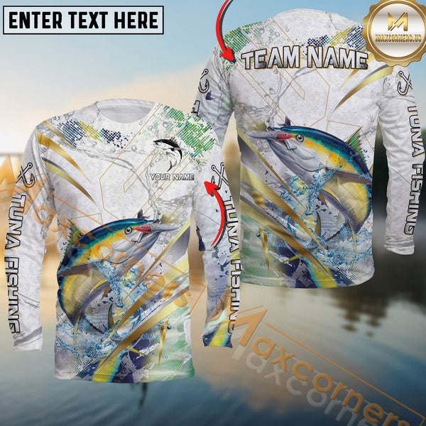 Maxcorners Tuna Fishing Line Golden Premium Skinfish Dotted Pattern Sport Jersey Personalized Name, Team Name Long Sleeve Shirt
