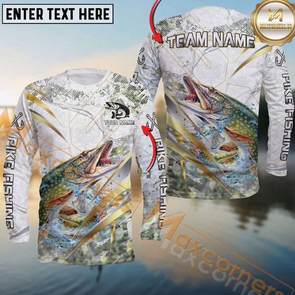Maxcorners Pike Fishing Line Golden Premium Skinfish Dotted Pattern Sport Jersey Personalized Name, Team Name Long Sleeve Shirt