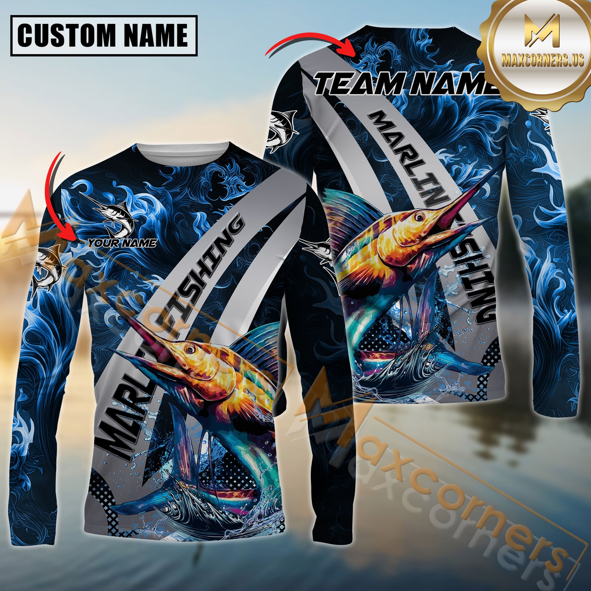 Custom Marlin Fishing Shirt Long Sleeve – 3D Jumping Fish Design with Personalized Name and Team Name for Angler