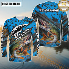 Maxcorners Pike Fishing Blue Star Grunge Style Pattern Sport Jersey Personalized Name, Team Name Long Sleeve Shirt