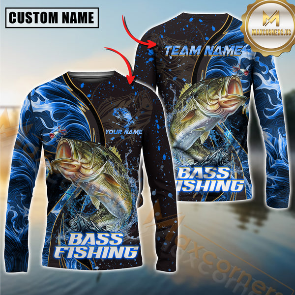 Custom Bass Fishing Shirt Long Sleeve – 3D Jumping Fish Design with Personalized Name and Team Name for Anglers