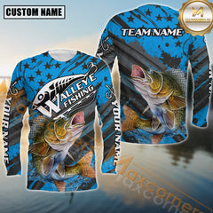 Maxcorners Walleye Fishing Blue Star Grunge Style Pattern Sport Jersey Personalized Name, Team Name Long Sleeve Shirt