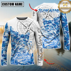 Maxcorners Crappie Fishing Blue Camouflage Compass Hook Design Pattern Sport Jersey Personalized Name, Team Name Long Sleeve Shirt