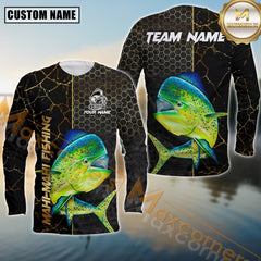 Maxcorners Mahi-Mahi Fishing Jersey Gold Black Honeycomb Sport Jersey Personalized Name, Team Name Long Sleeve Shirt