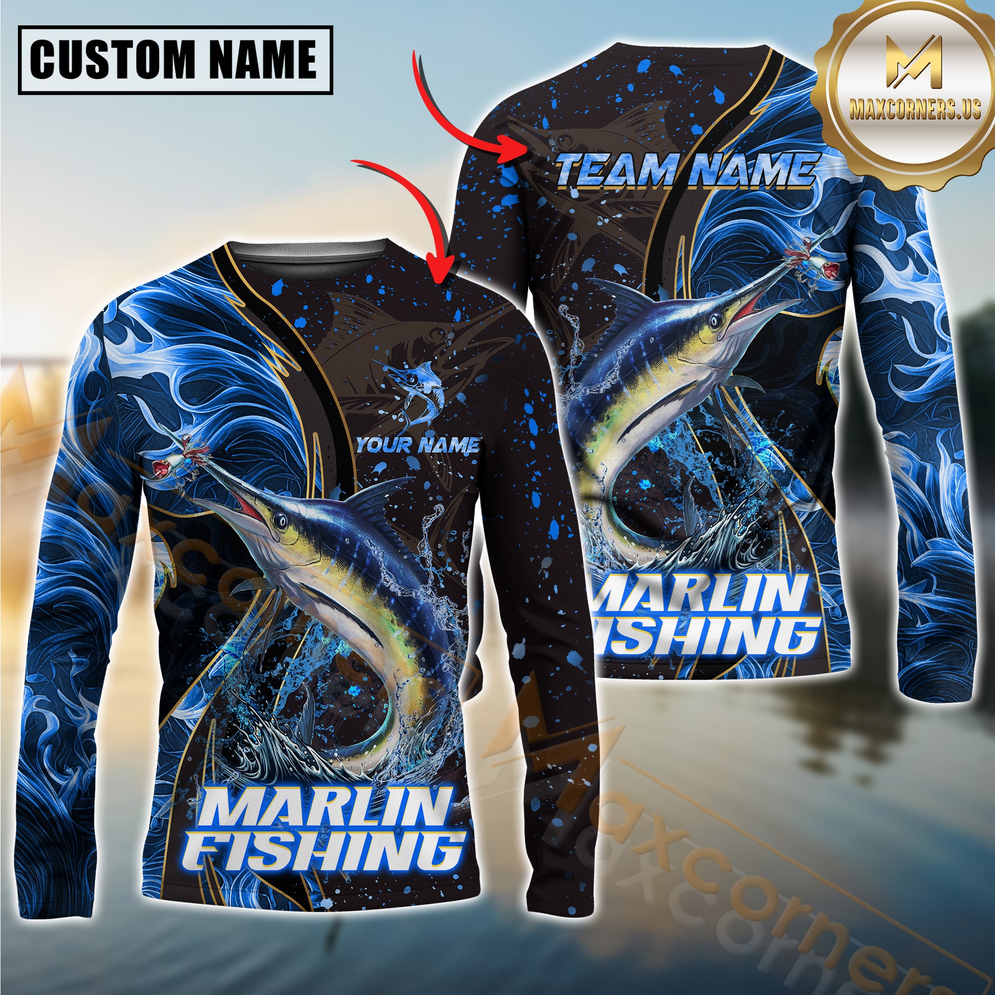 Custom Marlin Fishing Shirt Long Sleeve – 3D Jumping Fish Design with Personalized Name and Team Name for Angler