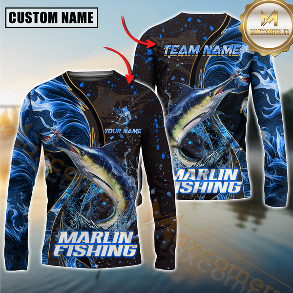 Custom Marlin Fishing Shirt Long Sleeve – 3D Jumping Fish Design with Personalized Name and Team Name for Angler