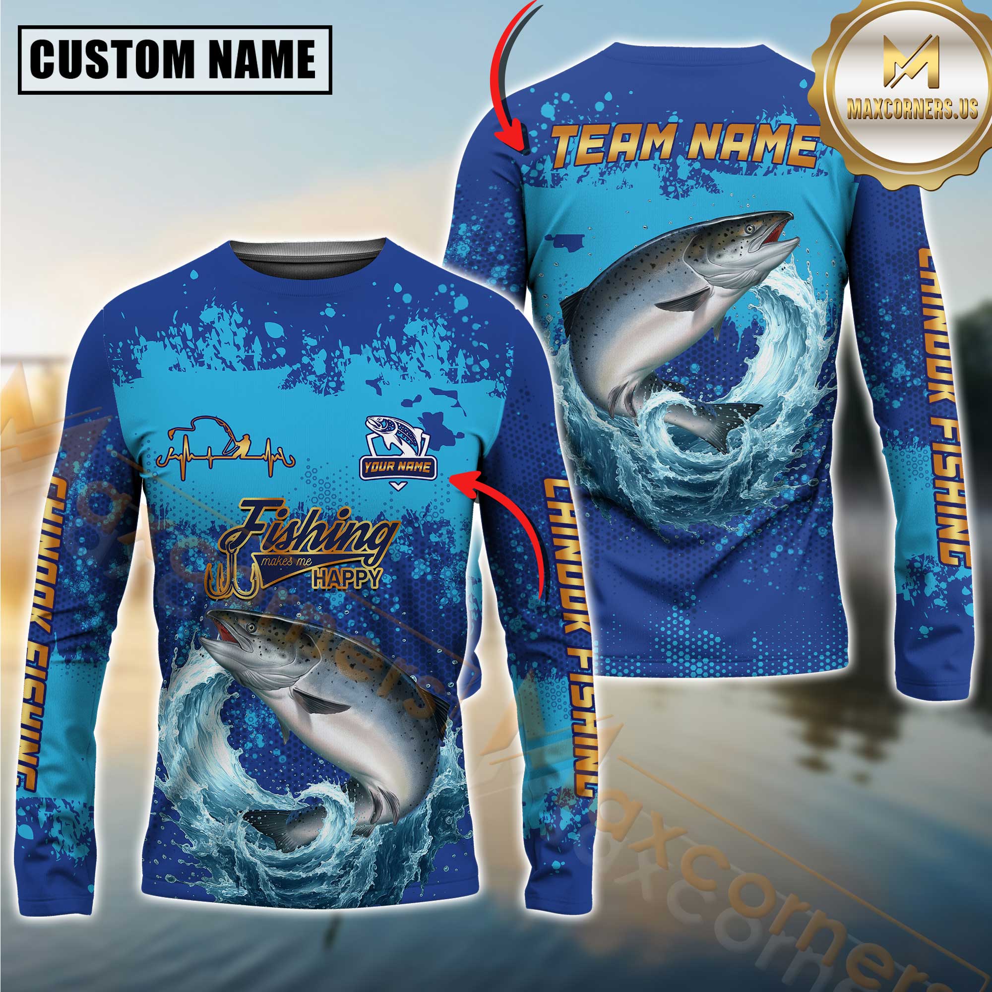 Custom Trout Fishing Shirt Long Sleeve – 3D Jumping Fish Design with Personalized Name and Team Name for Angler