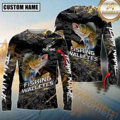 Maxcorners Walleye Fishing Black Scales SkinFish Pattern Sport Jersey Personalized Name, Team Name Long Sleeve Shirt
