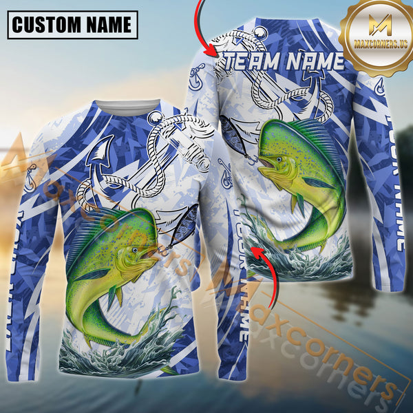 Maxcorners Mahi-Mahi Fishing Jumping Fish Rope Hook Ocean Theme Pattern Sport Jersey Personalized Name, Team Name Long Sleeve Shirt