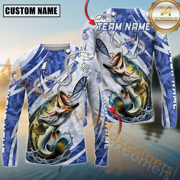 Maxcorners Bass Fishing Jumping Fish Rope Hook Ocean Theme Pattern Sport Jersey Personalized Name, Team Name Long Sleeve Shirt
