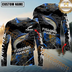 Maxcorners Marlin Fishing Black Scales SkinFish Pattern Sport Jersey Personalized Name, Team Name Long Sleeve Shirt