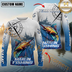 Maxcorners Marlin Fishing Realistic Fish Compass Anchor Pattern Sport Jersey Personalized Name, Team Name Long Sleeve Shirt