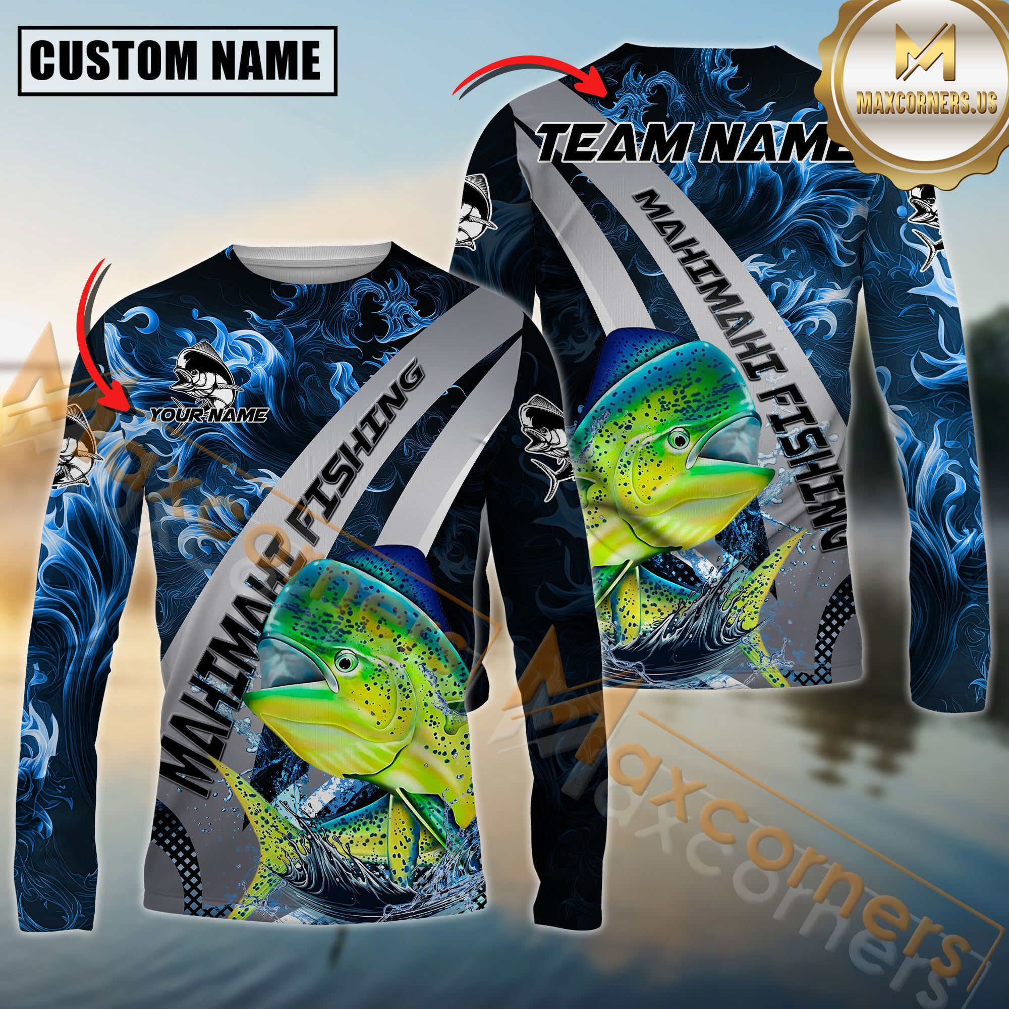 Custom Mahi Mahi Fishing Shirt Long Sleeve – 3D Jumping Fish Design with Personalized Name and Team Name for Angler