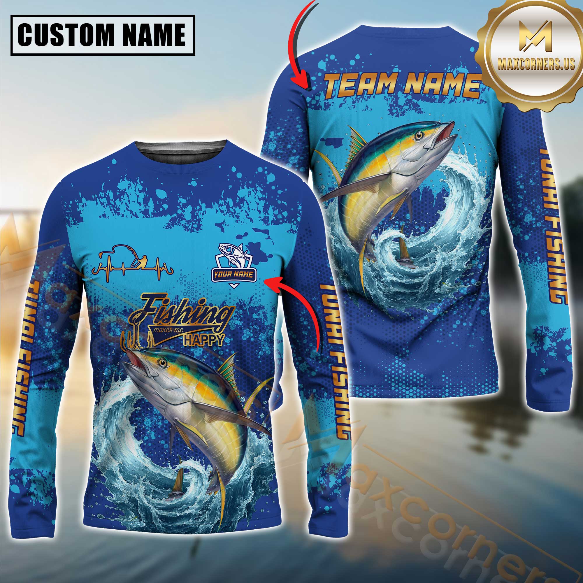 Custom Pike Fishing Shirt Long Sleeve – 3D Jumping Fish Design with Personalized Name and Team Name for Angler