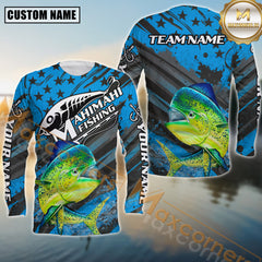 Maxcorners Mahi-Mahi Fishing Blue Star Grunge Style Pattern Sport Jersey Personalized Name, Team Name Long Sleeve Shirt