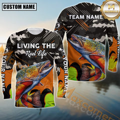 Maxcorners Trout Fishing Jersey Living the Reel Life Camo Style Sport Jersey Personalized Name, Team Name Long Sleeve Shirt