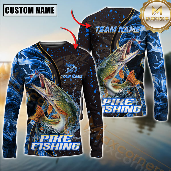Custom Pike Fishing Shirt Long Sleeve – 3D Jumping Fish Design with Personalized Name and Team Name for Angler